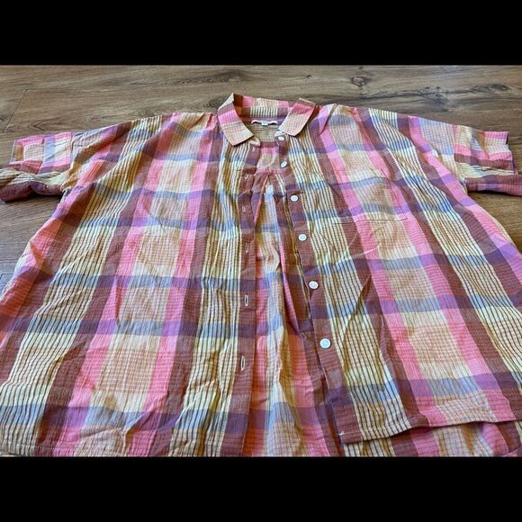 Madewell pink/yellow/red checkered/plaid button down shirt sleeve top - Picture 3 of 3